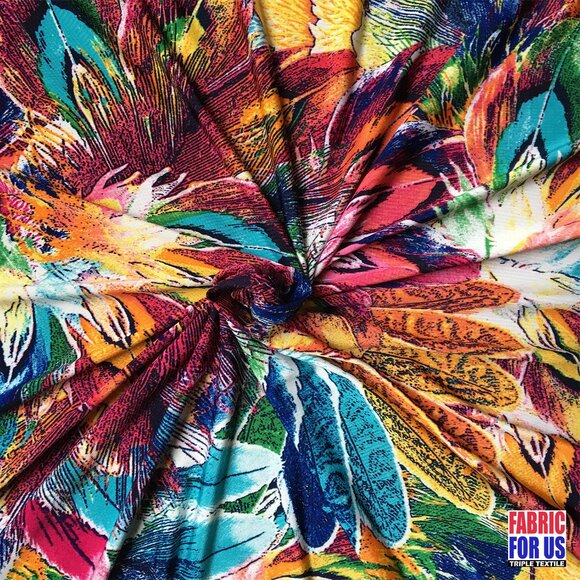Peacock Feathers Scarlet / Multi-Color Stretch Poly-Spandex Print Fabric 58" Wid - Picture 3 of 3